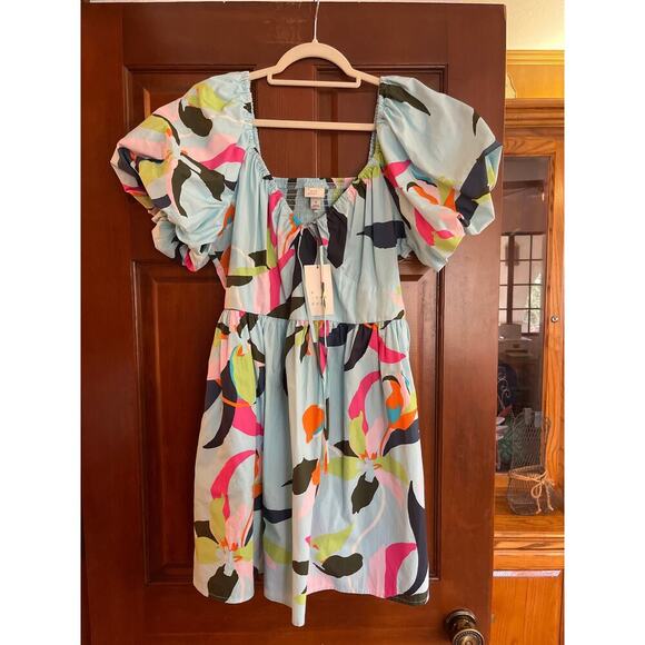 Women's Puff Short Sleeve Dress - A New Day Blue Floral Medium - Picture 2 of 6